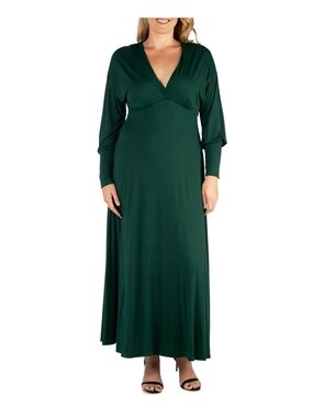 24Seven Comfort Apparel 3X Emerald Green Maxi Dress Long Sleeve V Neck Flowy